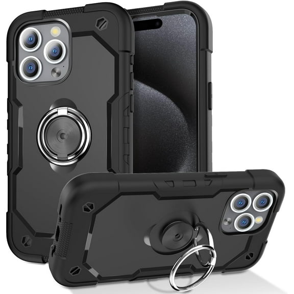 SUPNICE iPhone 15 Pro Max Case with Built-in Ring Stand, Military Drop Protection, Absorbing Bumper Shockproof Case with 360°Rotatable Ring Kickstand for iPhone 15 Pro Max 6.7 inch, Black