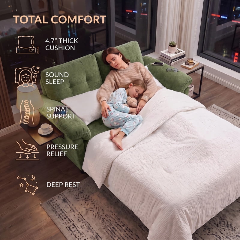 Gewnee 58" Convertible Sofa Bed, Loveseat Sleeper Sofa with USB Ports, Side Table& 6-in-1 Adjustable Backrest, Pull Out Sofa with Pillows for Small Spaces,Chenille(Green)