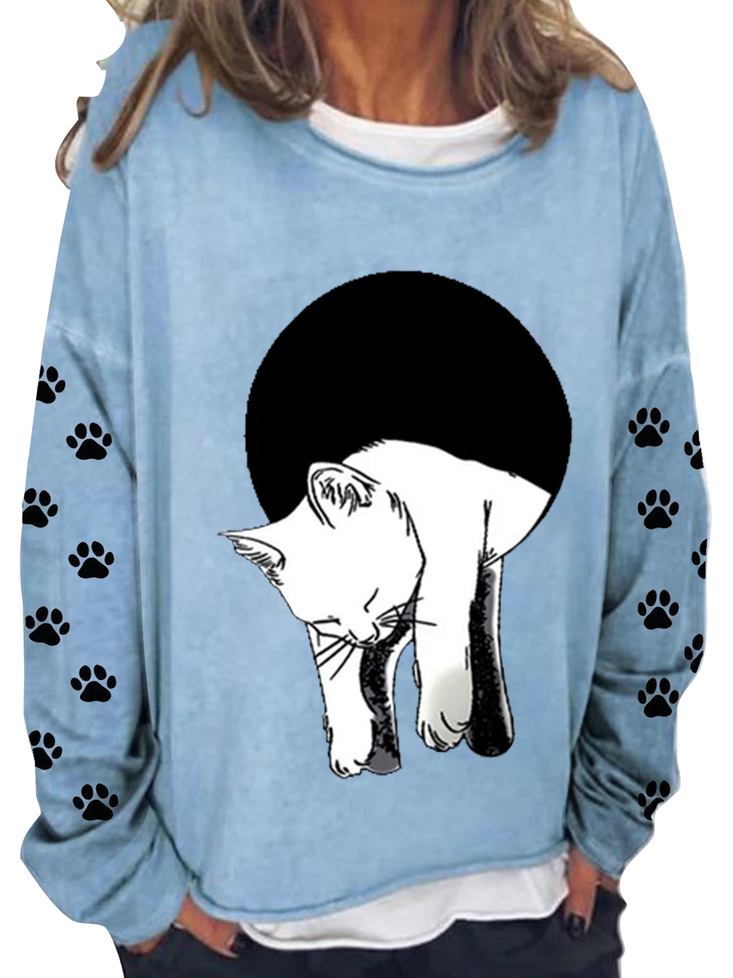 Capreze Women Pullover Long Sleeve Sweatshirt Cat Print Sweatshirts