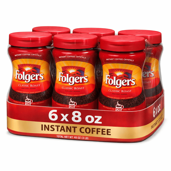 Folgers Classic Roast Instant Coffee Crystals, Rich Smooth Flavor, 8 oz Jars, Case of 6