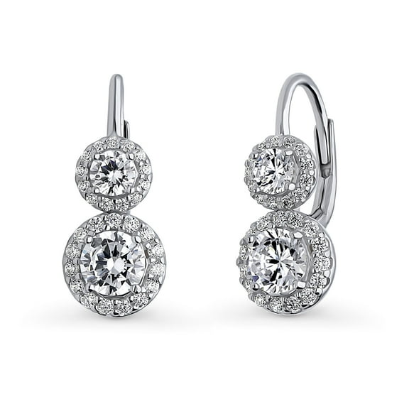BERRICLE Sterling Silver Halo Round Cut Cubic Zirconia CZ 2-Stone Anniversary Leverback Dangle Drop Earrings for Women, Rhodium Plated