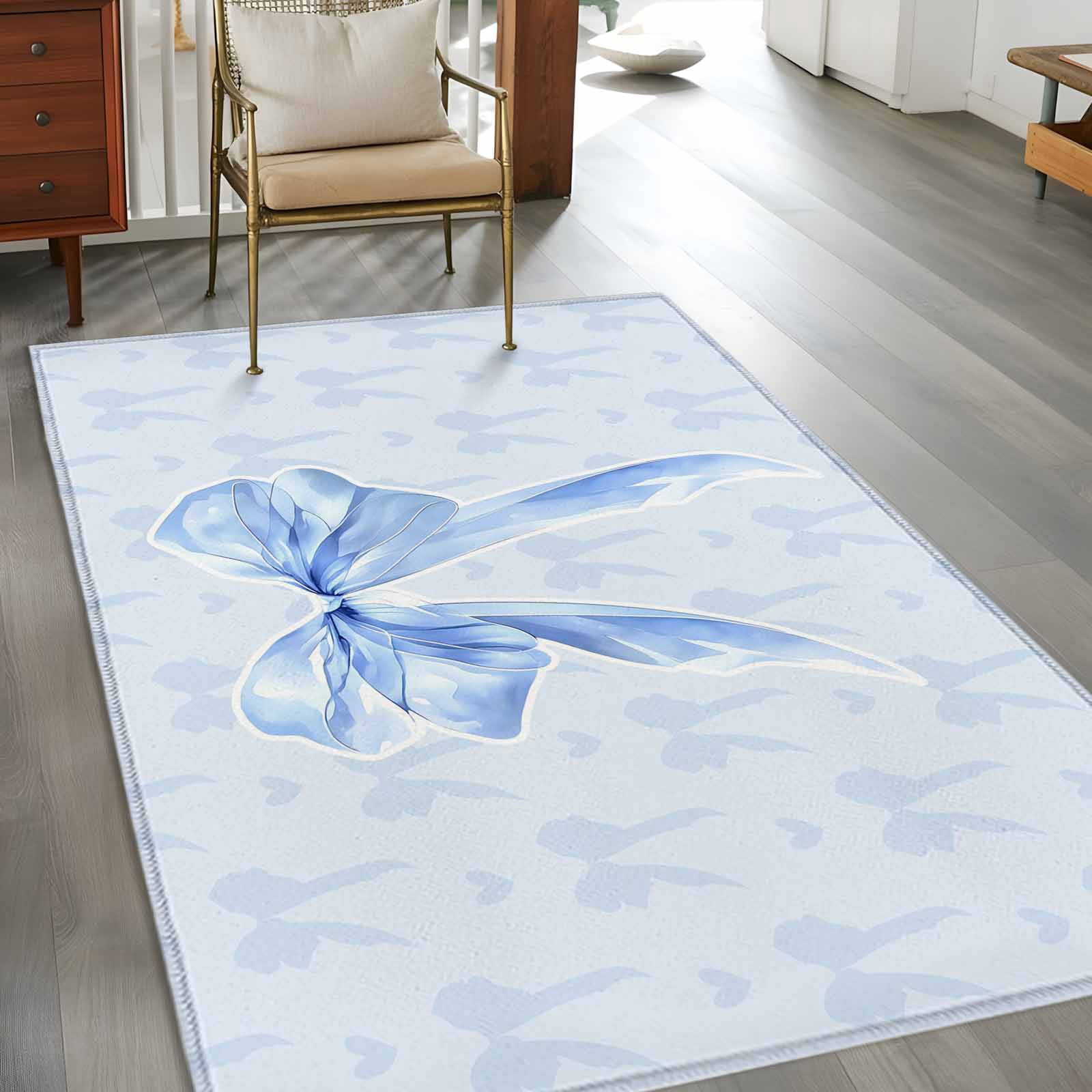 Cute Bow Area Rugs 4'x6', Washable Small Throw Rugs for Office Bathroom, Blue Bowknot Minimalist Solid Color Indoor Outdoor Rug Non-Slip Low Pile Carpet Runner Reversible Floor Mats