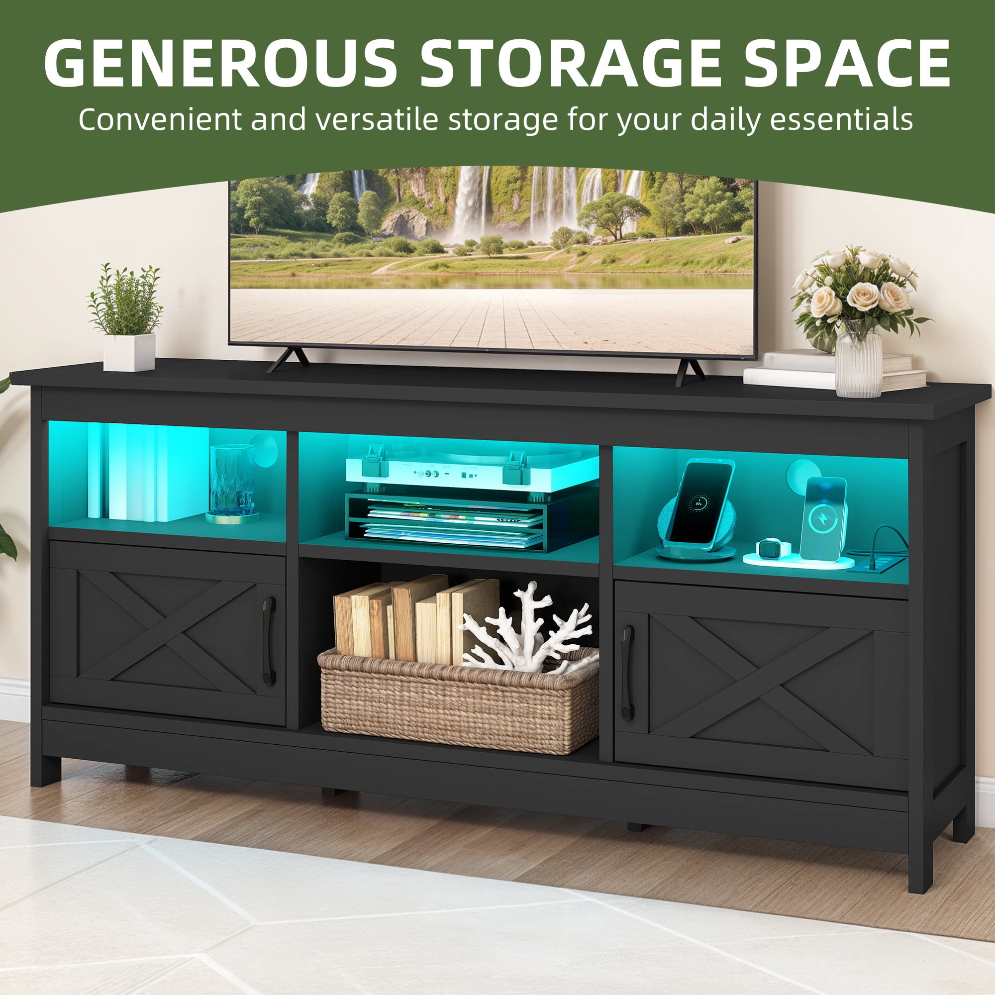 Uforic 59" TV Stand for 65" TV - Black Entertainment Center with Storage Cabinets, Open Shelves, 24-Color LED Light Strip & Integrated Power Strip, Ideal for Living Room or Bedroom Media Console