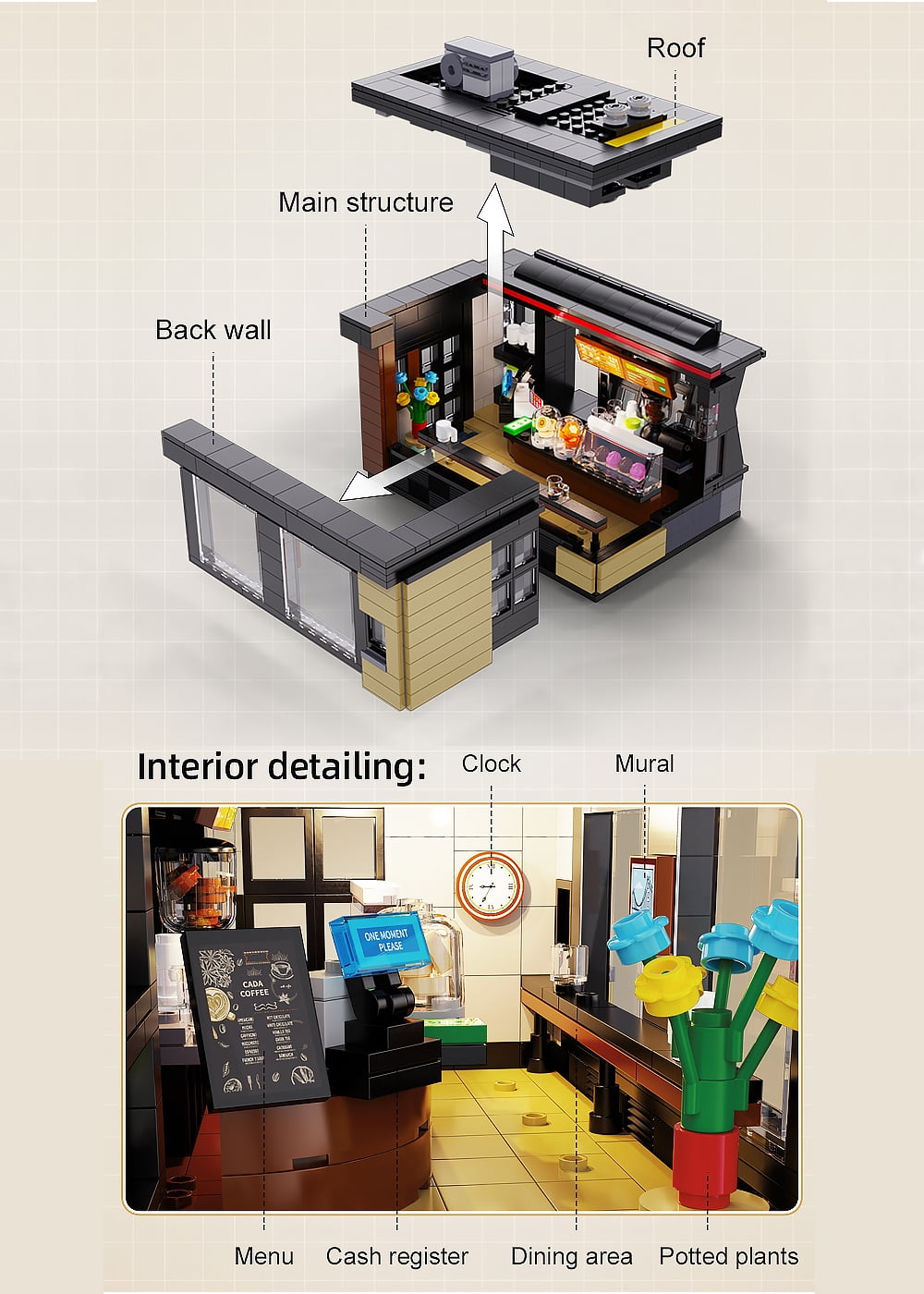 CaDA® Landscape series Coffee House Model Building Block Toy C66005W Building Kit for Kids (768 Pieces)