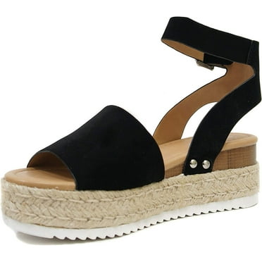 Soda Topics Black Nubuck Espadrille Ankle Strap Studded Platform Sandals (Black Nubuck, 7.5)
