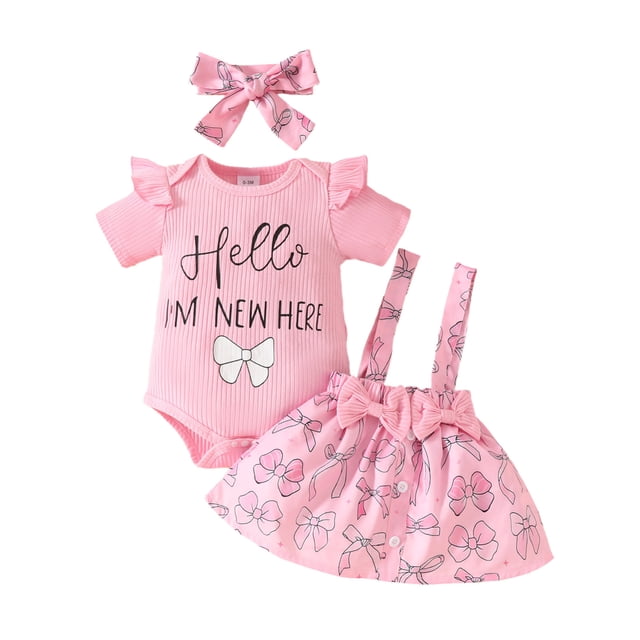 WEIYLL Girls Outfit Sets Infant Letter Prints Ribbed Romper Body Bowknot Suspender Skirts Red Clothes Set Size 3M