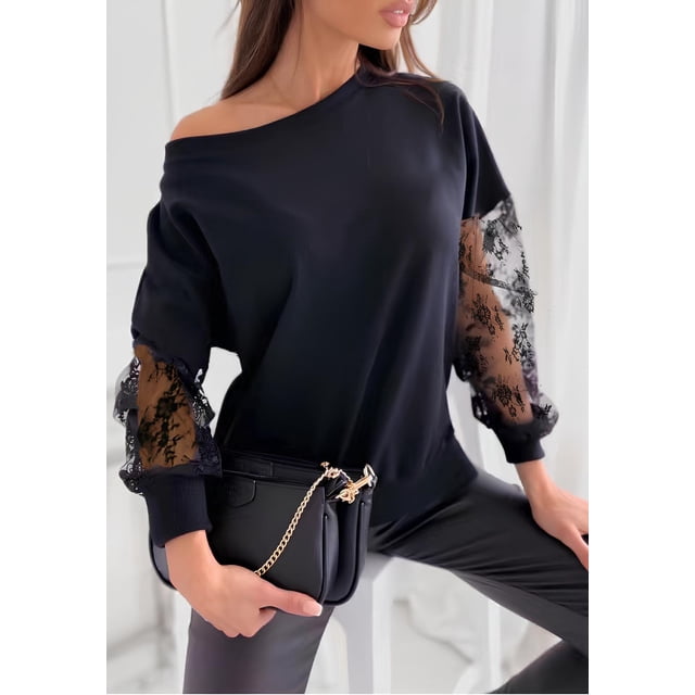 Blusa de encaje para mujer, cuello redondo, jersey, túnica, tops elegantes