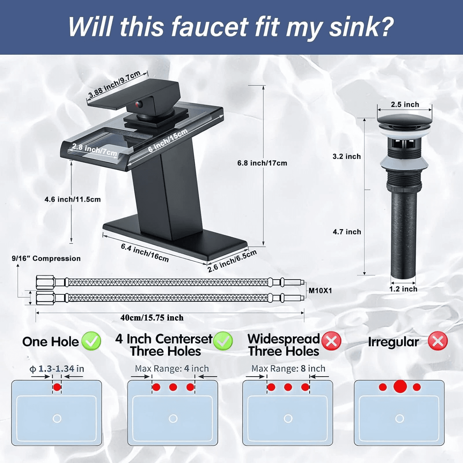 Zovajonia Bathroom Sink Faucet, Matte Black Waterfall Single Handle Vanity Faucets 1 Hole with Pop Up Drain and 2 Water Supply Lines, Open Glass Spout