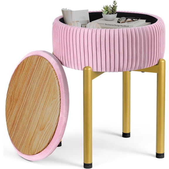 18-Inch  Vanity Stool Chair with Storage, Vanity Bench with 4 Golden   & Anti-Slip Adjustable ,Round Storage Ottoman Stool with Removable Soft Padded Seat,