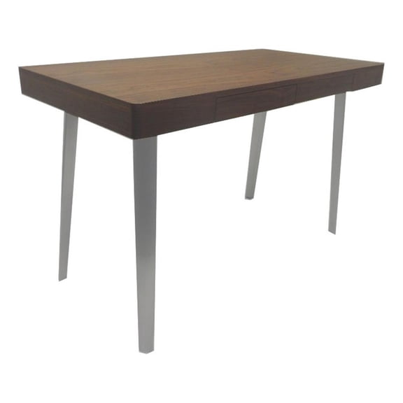 Benjara Hle 47" Desk- Walnut Brown Wood Top- 2 Drawers- High Polished Steel