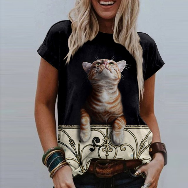 Puntoco Mujer Casual Camiseta Gato Impreso O-Cuello Manga Corta Jersey Blusa tops Puntoco Puntoco-1512