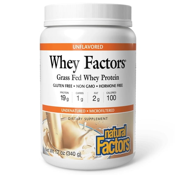 Natural Factors Whey Factors, Grass Fed Whey Protein Concentrate, Aids Muscle Development and Immune Health, Unflavored, 12 Oz