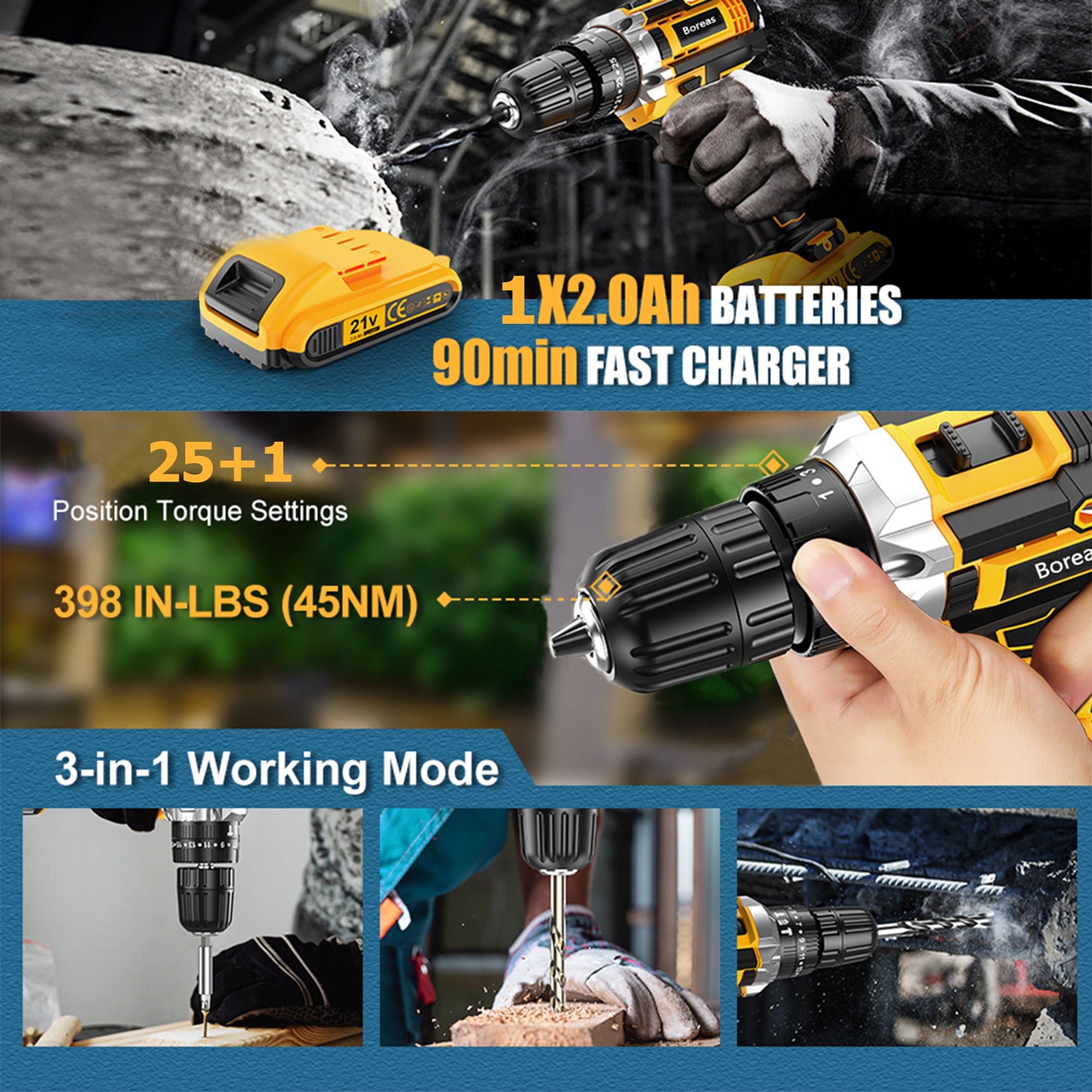 Boreas Cordless Drill Set, 12V Electric Drill Driver with 42 Acessories,  Home Power Drill Cordless with 3/8 Keyless Chuck, 2 Speed, 18+1 Position,  Built-in LED, Clutch Drill for Home DIY Projects 