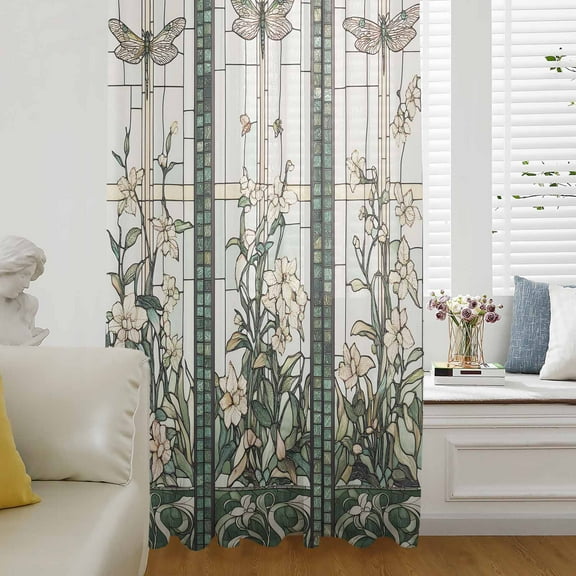 Vintage Dragonfly Semi Sheer Curtains Drapes for Living Room,Bedroom,French Doors Window 108 Inches Long,Pastoral Botanical Teal Spring Summer Rod Pocket Chiffon Curtain Drapery Voile Drape Panel