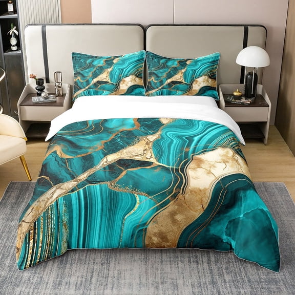Erosebridal Green Gold Marble Duvet Cover King, Marbling Crack Print Bedding Set For Women, Abstract Metallic Texture Comforter Cover, Luxury Shinny Room Decor Boho Hippie Fluid Quilt Cover Cover