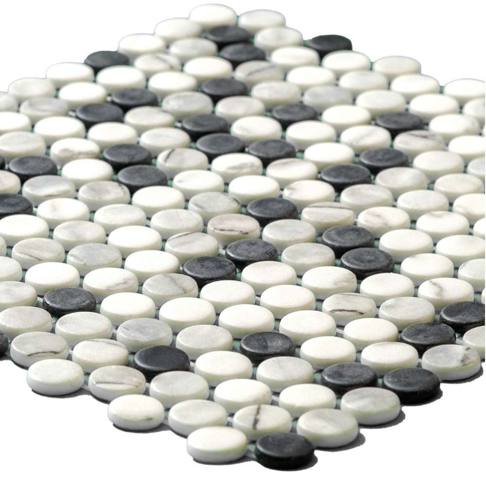 The Tile Life Eterna Penny 4" x 4" Black & White Glass Round Mosaic Tile Sample 1 Piece
