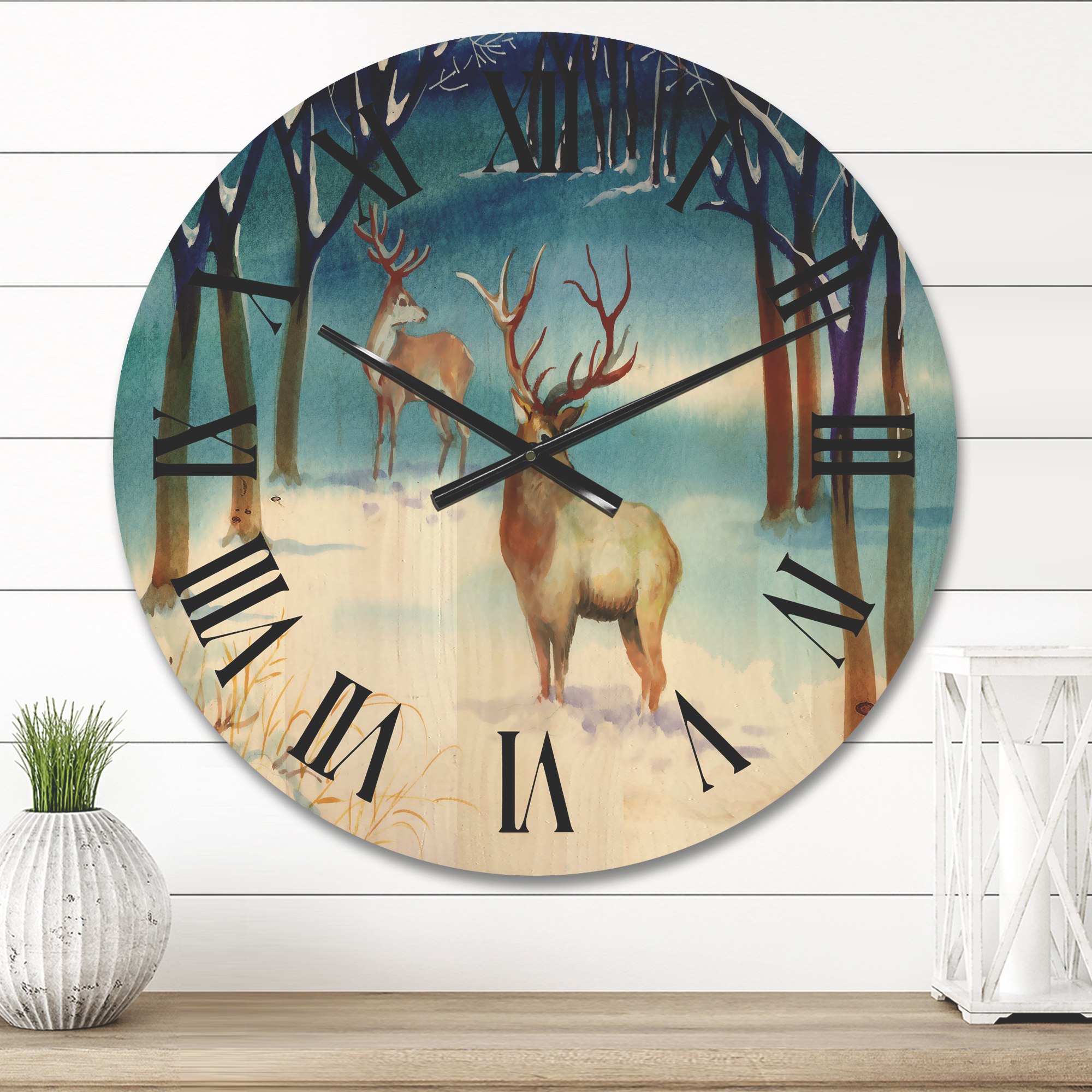 Designart 'Deers With Winter Landscape' Traditional Wood Wall Clock
