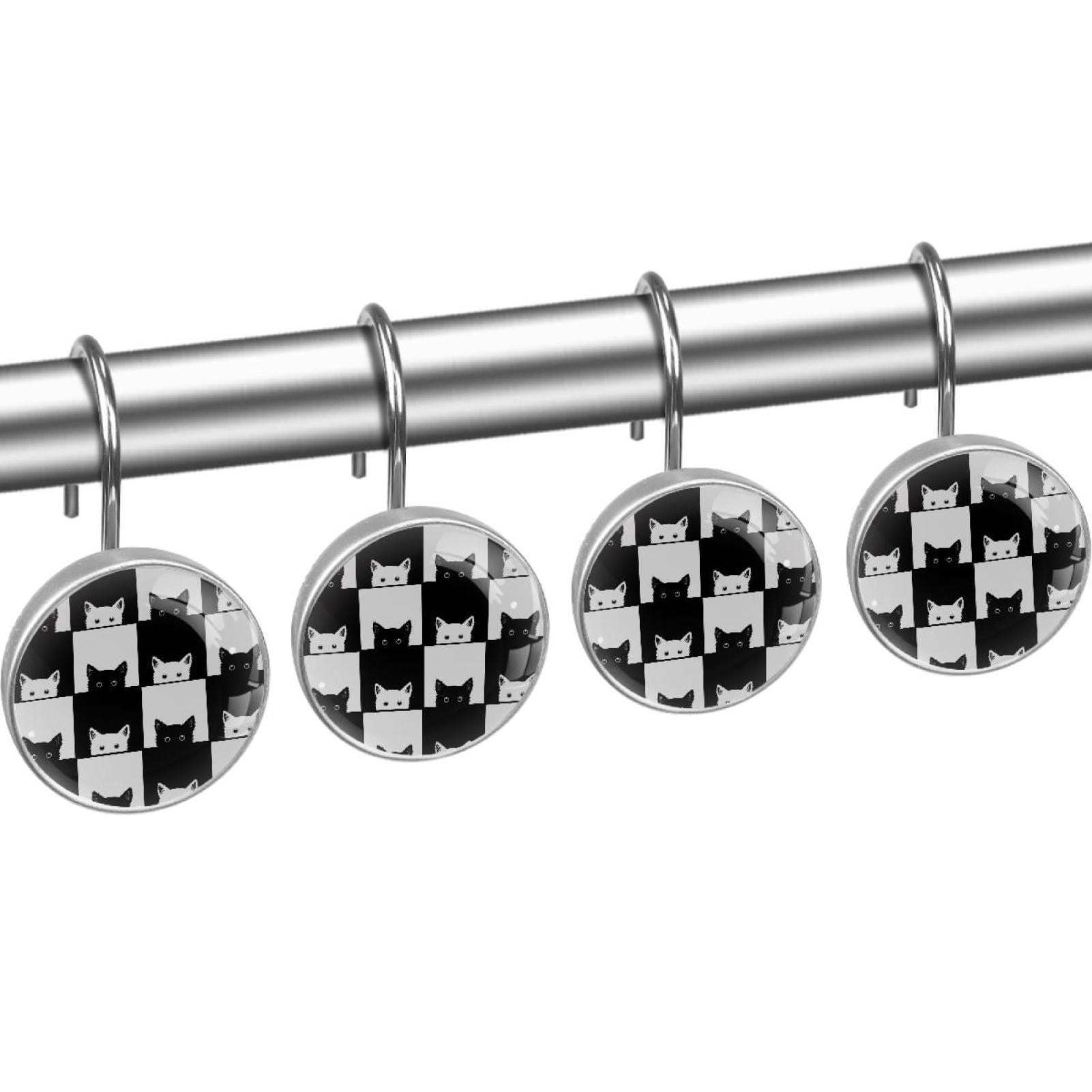 Black White Cat Chess Board Shower Curtain Hooks（Set of 12）for Home Hotel Shower Rods Bathroom Crystal Glass Print Stainless Steel Round Curtain Hooks