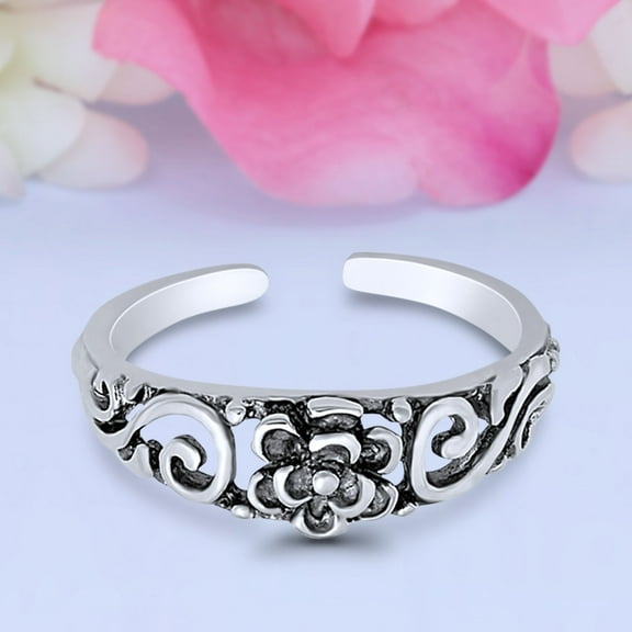 5mm Flower Toe Band Ring 925 Sterling Silver Thin Adjustable Stylish Rings For Women