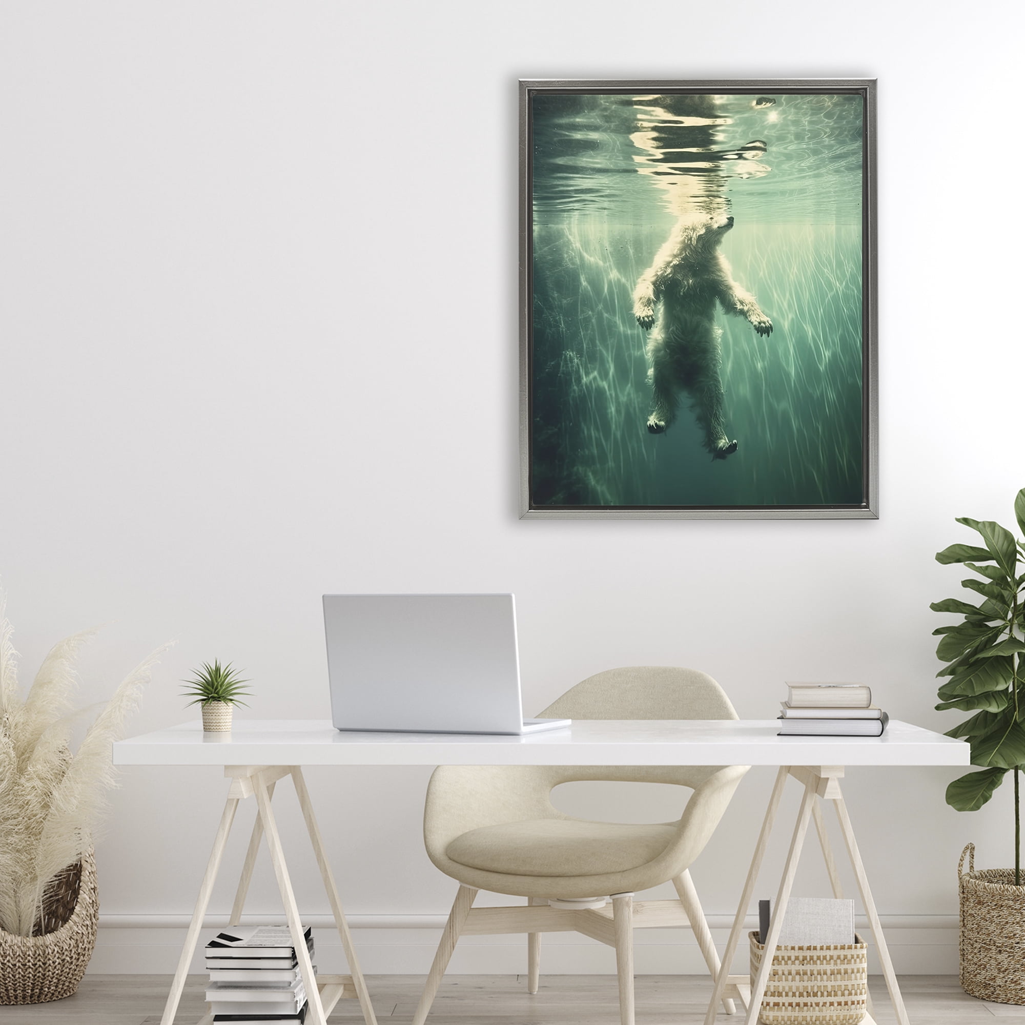 Floating Bear Underwater Gray Framed Floater Canvas Wall Art, design by Decent Exposures