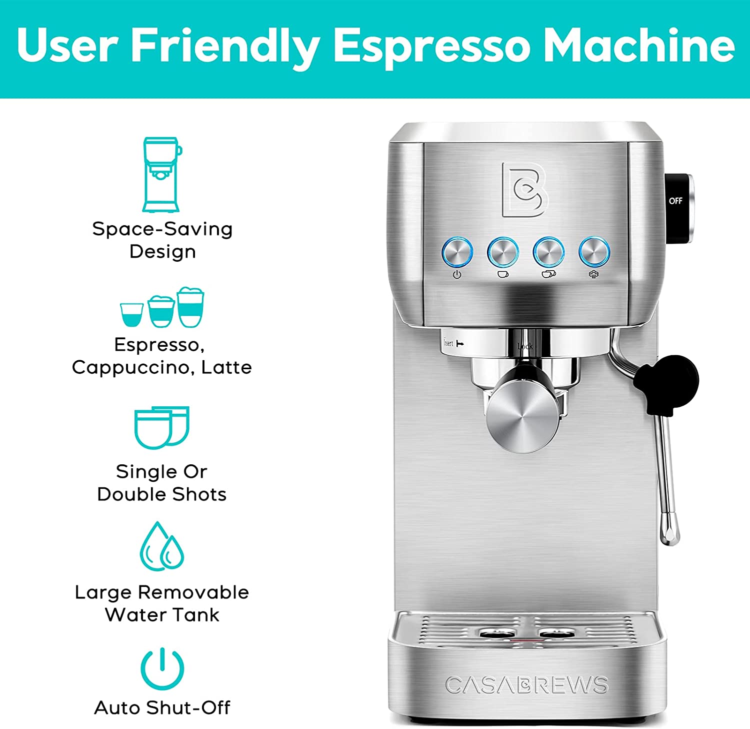 CASABREWS Espresso Machine 20 Bar Professional Coffee Maker Cappuccino Latte Machine with Steam Milk Frother Espresso Coffee Machine with 49oz Removable Water Tank Stainless Steel Gif