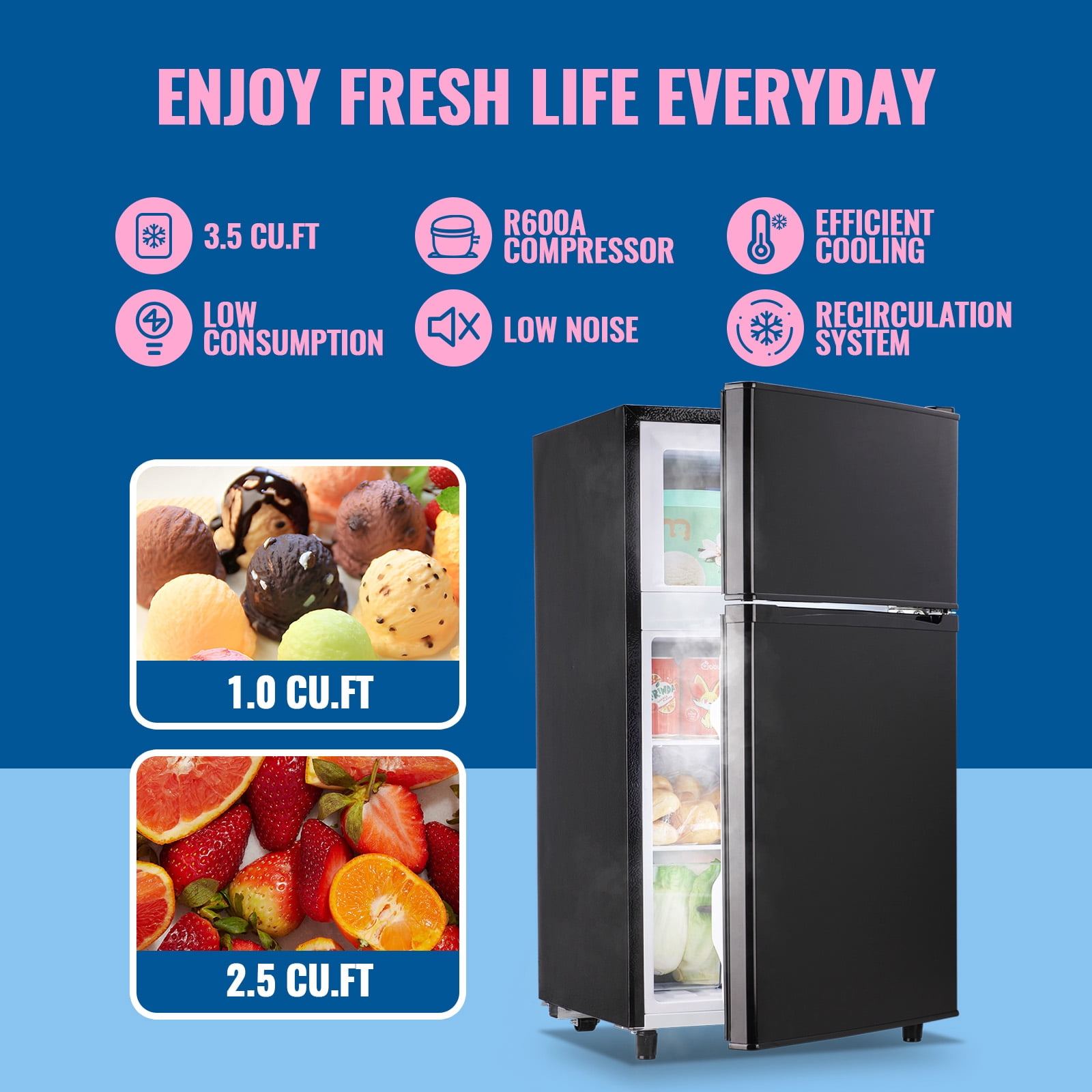 WANAI 3.5 Cubic feet Small Refrigerator with Freezer on Top Double Door Mini Fridge New Black