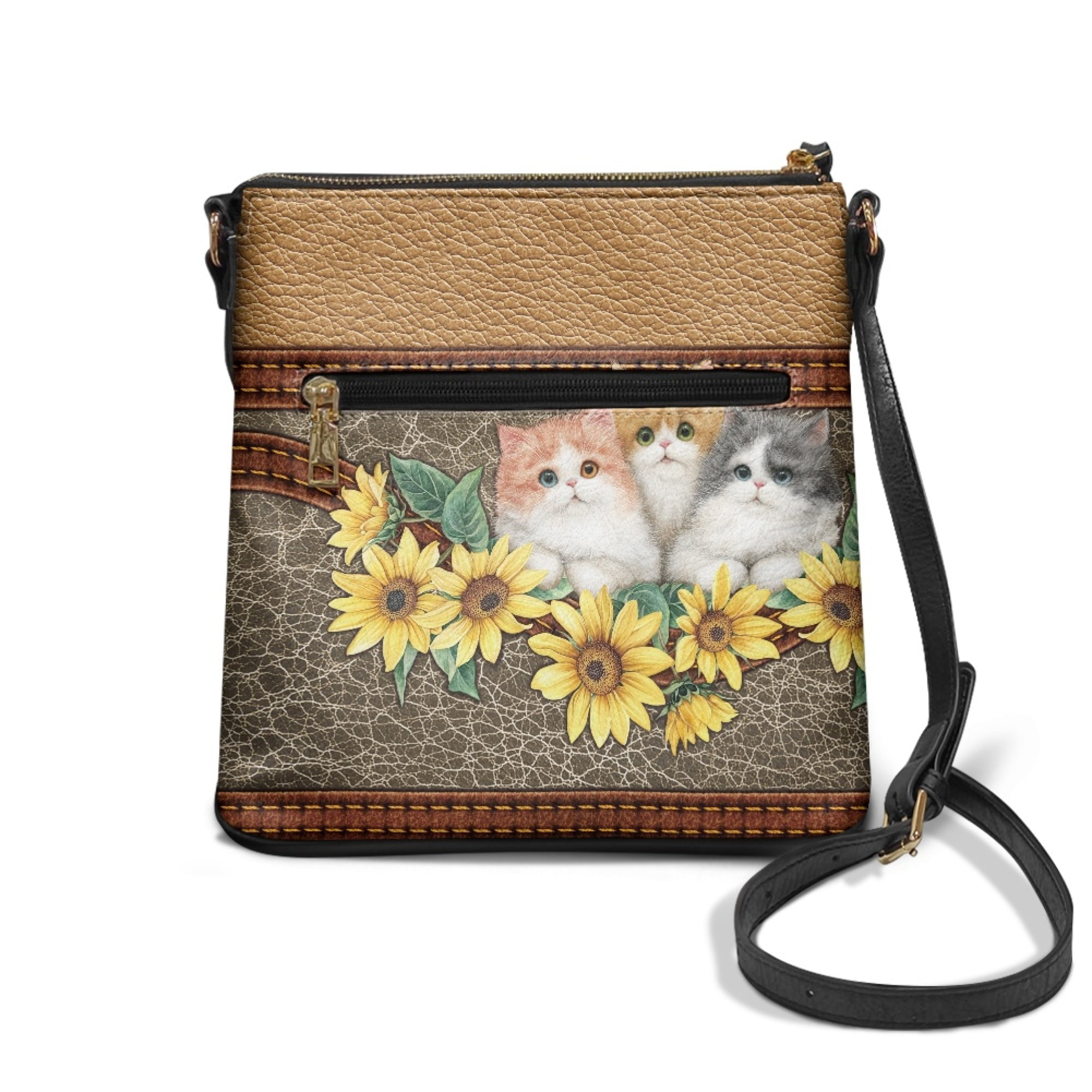 Kuiaobaty Cat Sunflower Print Crossbody bag for Women, Multi Pockets Vegan Leather Sling Purse with Adjustable Strap, Medium Size Roomy Messenger Handbag Crossbody for Travel
