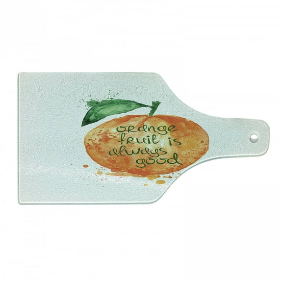 Fruit Cutting Board, Watercolor Style Brush Strokes Orange is Always Words Healthy Life Design, Decorative Tempered Glass Cutting and Serving Board, Wine Bottle Shape, Green and Orange, by Ambesonne