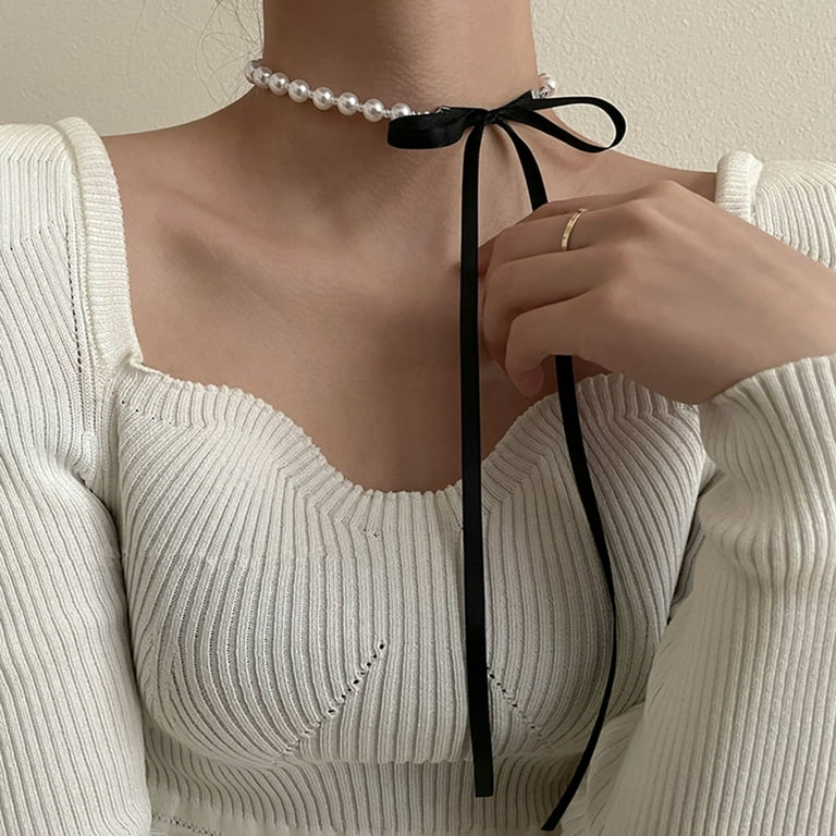 Qisuw Long Ribbon Bow Tie Choker Necklace Pearl Beads Collar Necklace  Fashion Jewelry Neck Tie Clavicle Chain Necklace 