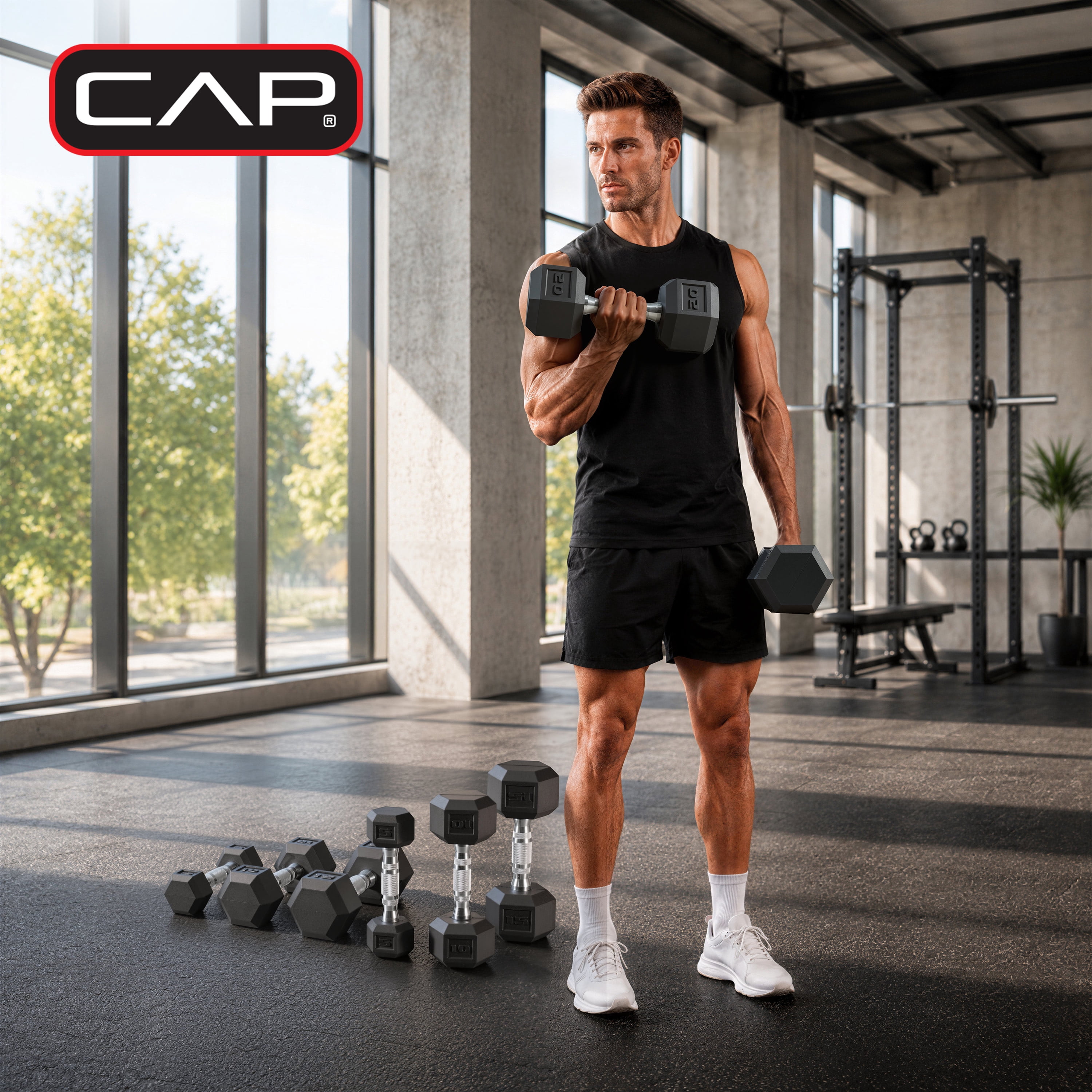 CAP 100lb Rubber Hex Dumbbell Set, Free Weights for Home Gym Strength Training