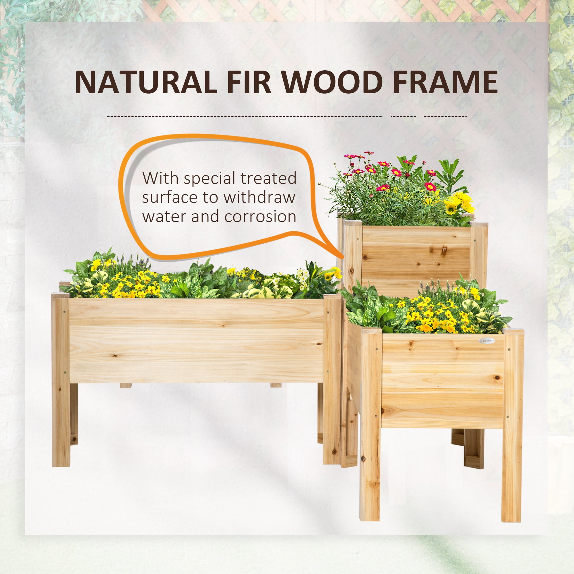 Garden Pots Outsunny Raised Garden Bed Set of 3, Wooden Elevated Planter Box with Legs and Bed Liner, for Backyard and Patio to Grow Vegetables, Herbs, and Flowers, Natural,Outdoor Garden Planters