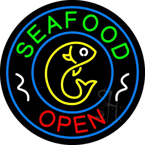 Round Seafood Open LED Neon Sign 18 x 18 - inches, Clear Edge Cut Acrylic Backing, with Dimmer - Bright and Premium built indoor LED Neon Sign for restaurant window and interior decor.