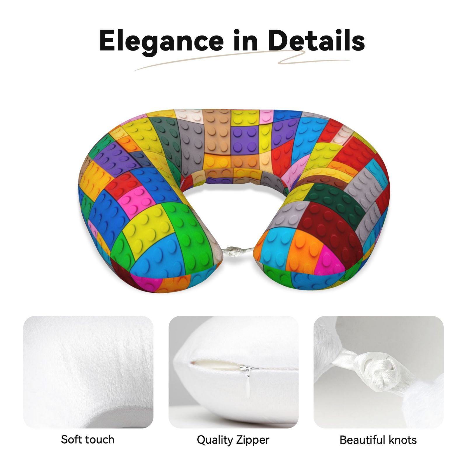 Xecao Colorful Plastic Blocks Pattern Print Memory Foam Cervical Neck Pillow Versatile U-Shaped Pillows for Home,Office,Camping,Travelling,Soft Washable Cover