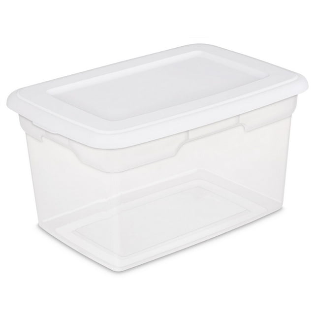 Sterilite 18.9 Liter White Storage Box with a clear base for easy content viewing and an opaque white snap-on lid, featuring carry-through handles and a recessed lid for secure stacking, made of durable BPA- and phthalate-free plastic, ideal for organizing household items.