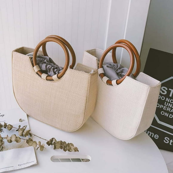 SHOWERORO Women Summer Purse Fashionable Tote Bag in Khaki Straw with Wooden Handle 1Pack