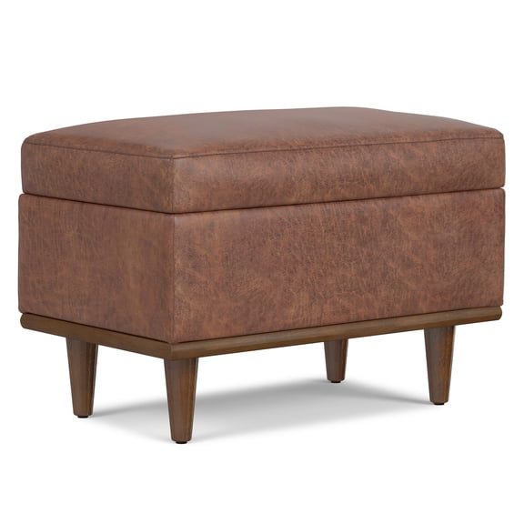 Simpli Home Shiloh 26 inch Wide Transitional Contemporary Small Storage Ottoman in Distressed Saddle Brown Vegan Faux Leather, Assembled