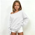 thumbnail image 2 of XAOFW Girls Solid Color Off The Shoulder Sweatshirts Cozy Long Sleeve Sweatshirts Relaxed Fit Knit Basic Pullover Trendy Tops 4-5 Years, 2 of 5