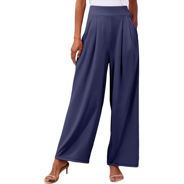 Pantalones palazzo anchos de color liso para mujer: cintura alta con cinturilla elástica, poliéster y spandex, pantalones largos informales con bolsillos laterales.