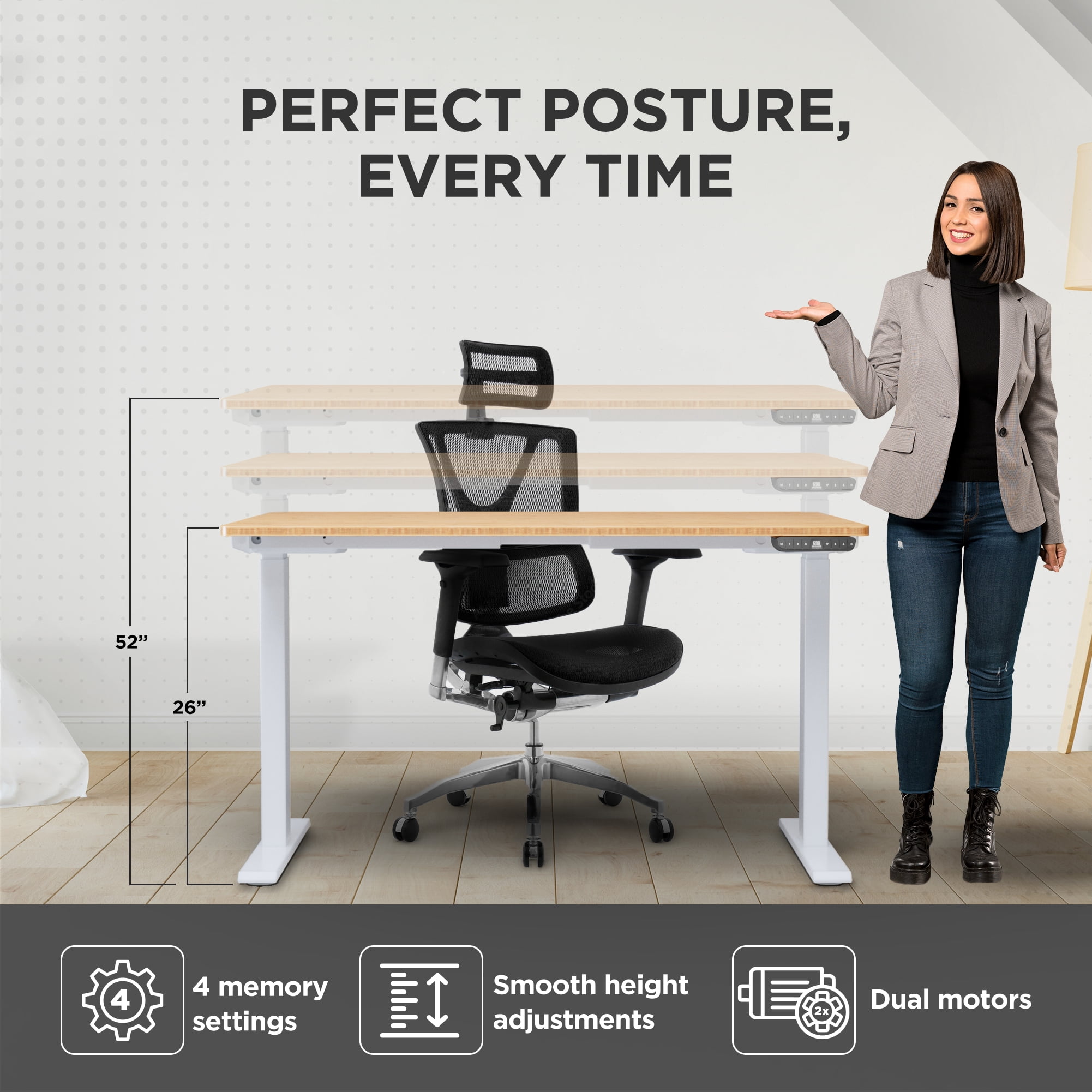 Rise Up 60x30” Bamboo  Solid Top Electric Standing Desk | One-Piece Memory Desktop Dual Motor Adjustable Height Desk 24–49” Ergonomic Sit Stand Workstation
