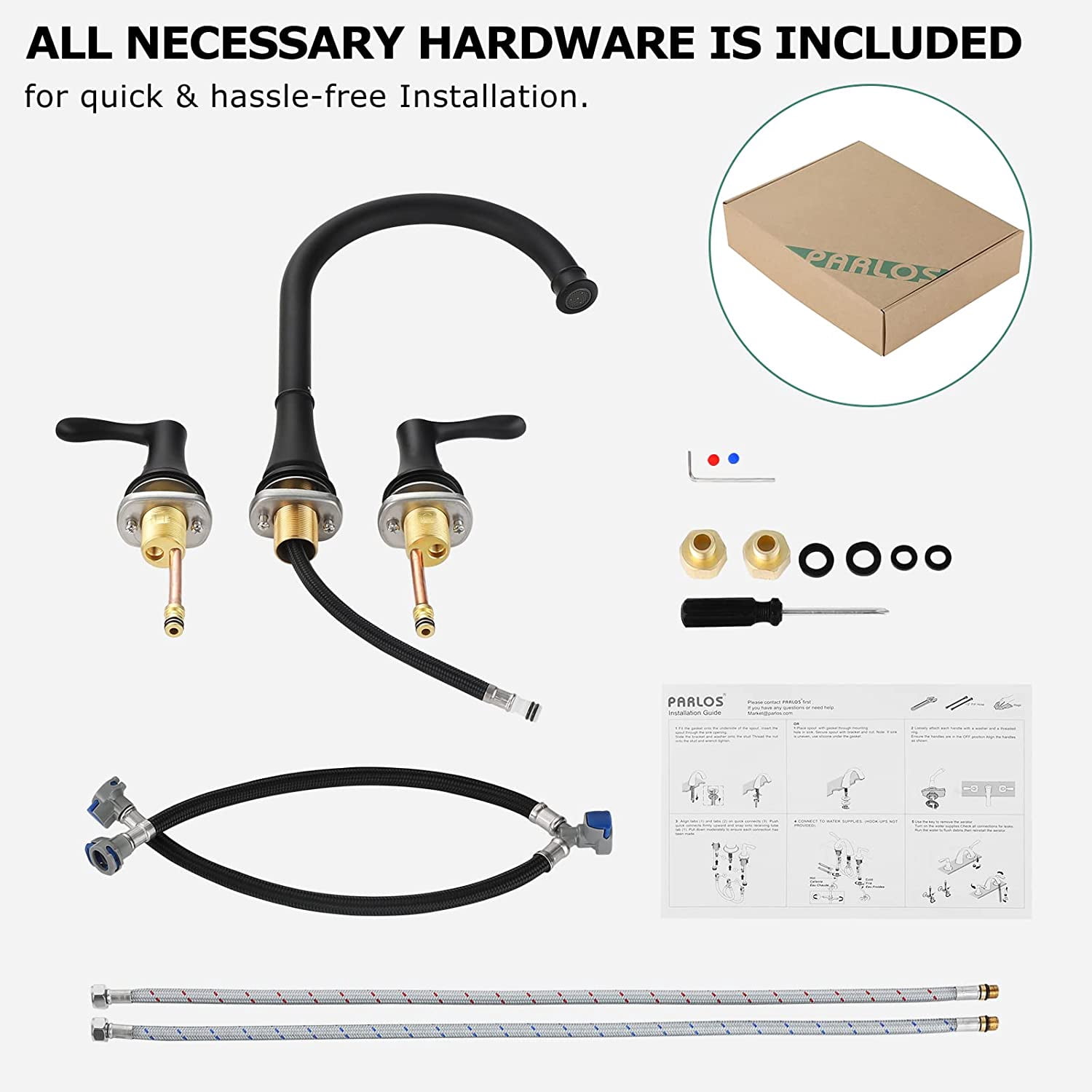 PARLOS High Arc 2-Handle Widespread Roman Tub Faucet with Valve & Faucet Supply Lines, Matte Black