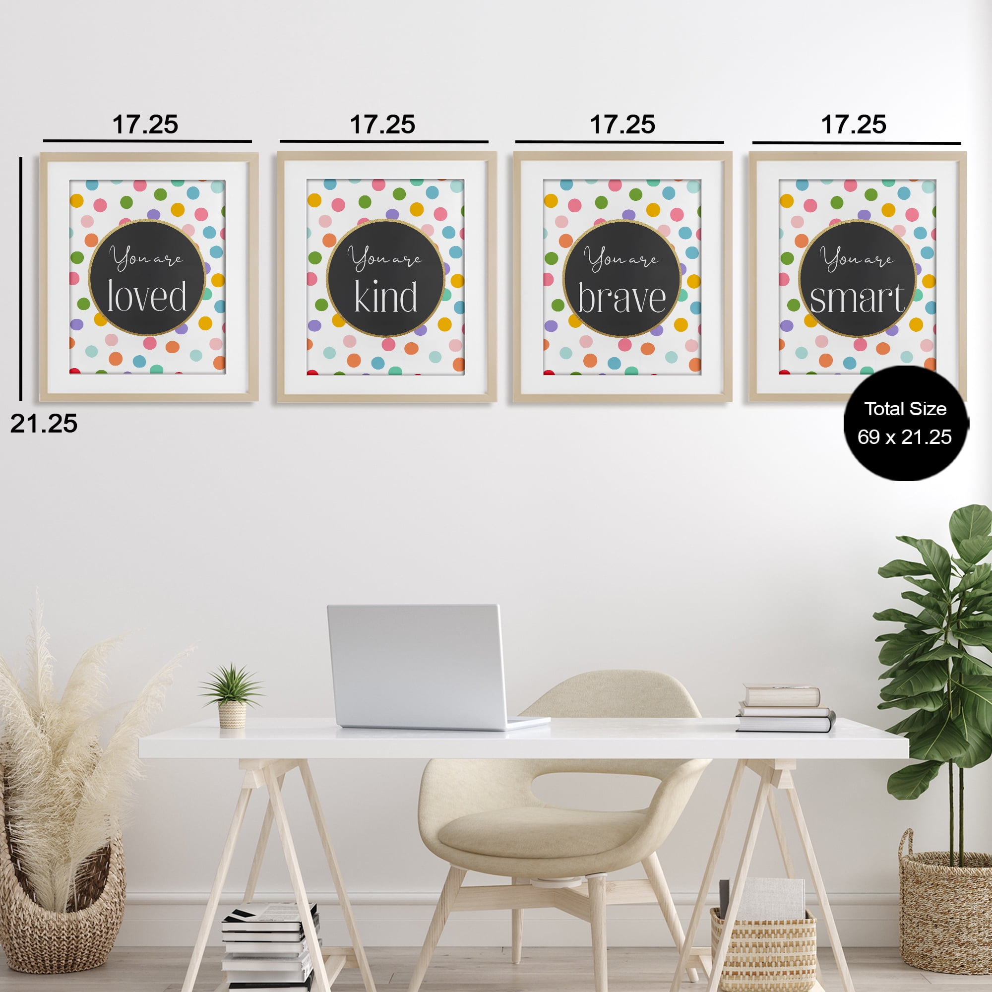Stupell Industries Polka Dot Affirmations 4 Piece Birch Framed Print Under Glass Set, design by Christine Simpson Art