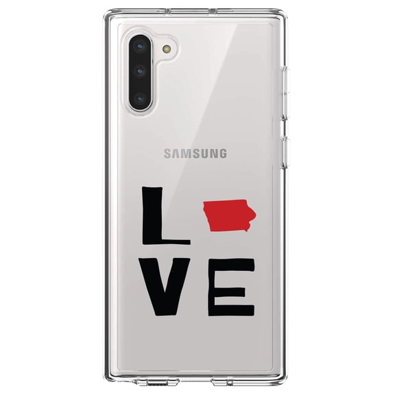 DistinctInk Clear Shockproof Hybrid Case for Samsung Galaxy Note 10 (6.3" Screen) - TPU Bumper Acrylic Back Tempered Glass Screen Protector - Iowa - Love Black & Red