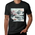thumbnail image 2 of Wuche Cherry Blossom Mountain Fuji Moon Lake black and red landscape, designed shirt, artistic display, T-shirt lover gift casual breathable men, women, boys, girls, children Black, 2 of 4