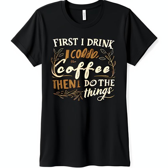 Funny Coffee Graphic Black T-Shirt First I Drink Coffee Then I Do the Things with Coffee Cup & Flowers Soft & Comfortable Everyday Wear