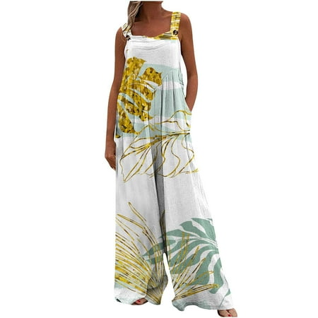 

Wide Leg Overalls for Women Sleeveless Print Jumpsuits Suspender Overalls Loose Baggy Button Rompers with Pocket
