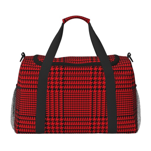 Fotbe Red Black Houndstooth Bolsa de Viaje con Estampado, Bolsa de Fin de Semana para Mujer con Compartimento para Zapatos, Bolsa de Gimnasio con Bolsillo Húmedo
