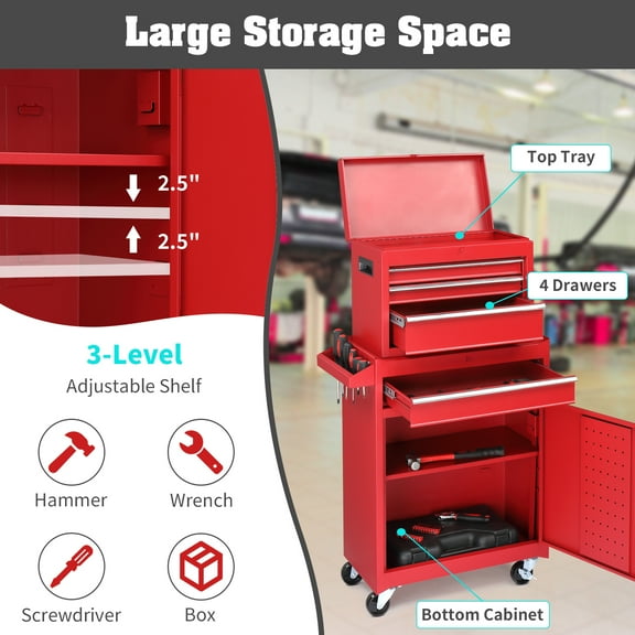 Heavy Duty Tool Chest with Wheels, Large Rolling Tool Cabinet Metal Storage Organizer with Lock for Garage, Workshop, and Repair Shop (Red 4-in-1)