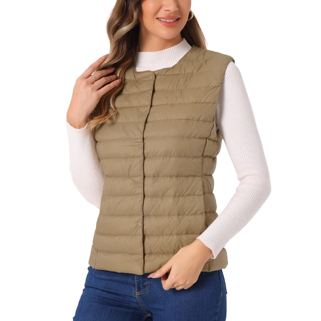 Chaleco acolchado sin mangas ligero de INSPIRE CHIC para mujer, con botones, cuello redondo, color camel, talla M
