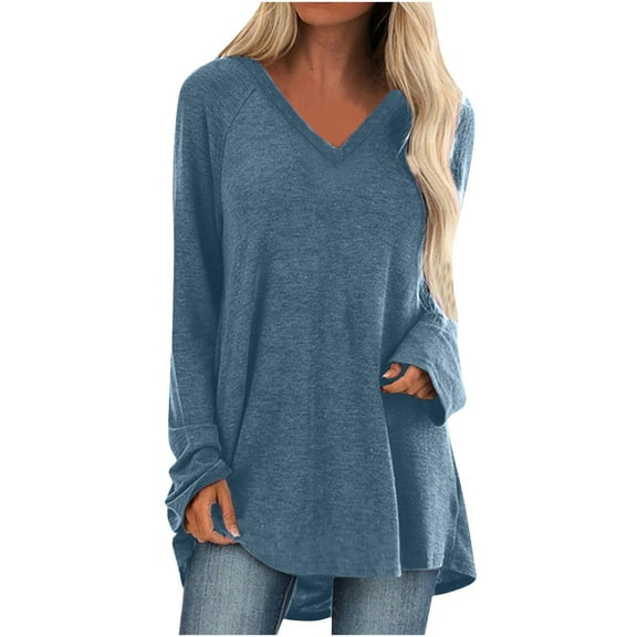 Lindreshi Long Sleeve Shirts for Women Plus Size Women Casual V-Neck T-Shirt Loose Long Sleeve Tops Solid Blouse