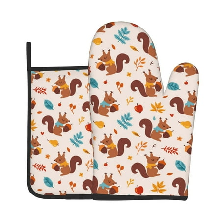 

KLL Forest Squirrel Nuts Pattern Oven Mitts and Pot Holders 2pcs Sets for Kitchen Oven Mitt Heat Resistant 536°F Oven Gloves for Kitchen Cooking and Baking